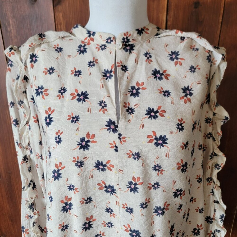 Ann Taylor Women Large Floral Ruffle Blouse Long Sleeve Cream Navy Feminine Top